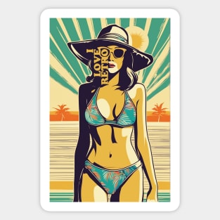 i love retro themed beach palm and girl design Sticker